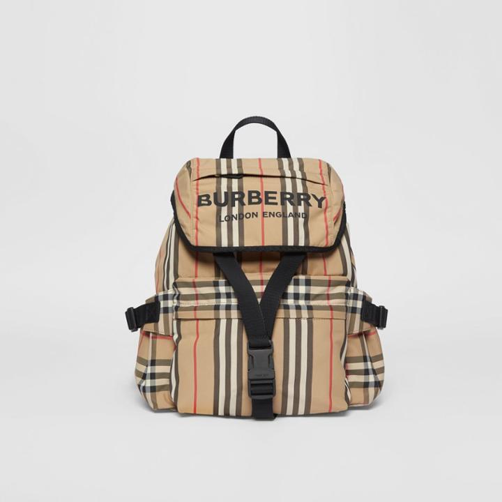 Burberry Burberry Logo Print Icon Stripe Nylon Backpack, Beige