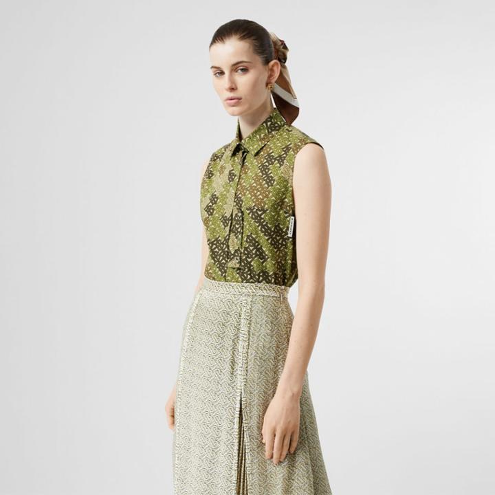 Burberry Burberry Sleeveless Monogram Print Cotton Poplin Oversized Shirt, Size: 02, Green