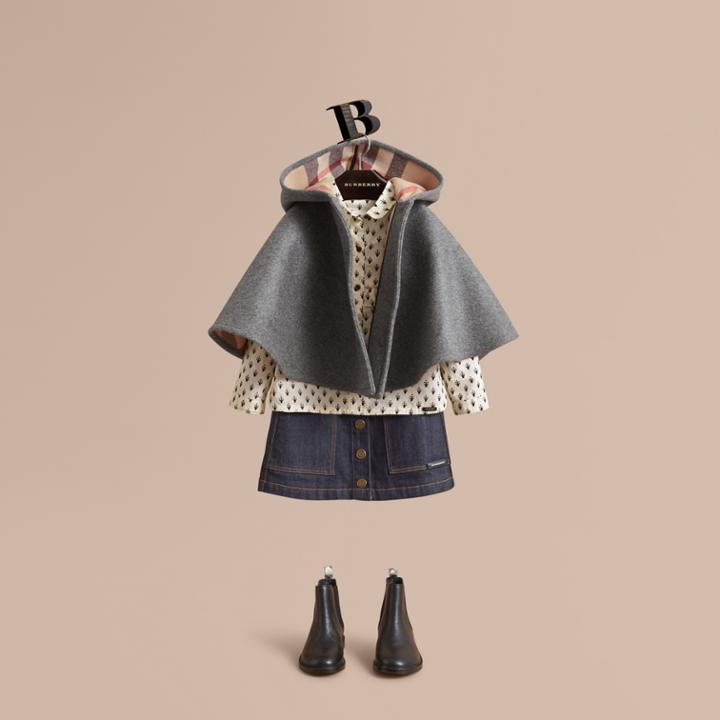 Burberry Burberry Hooded Check Detail Wool A-line Cape, Grey
