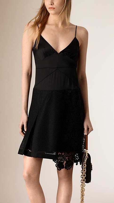 Burberry Silk Camisole Dress With Military Pleat Macram Skirt