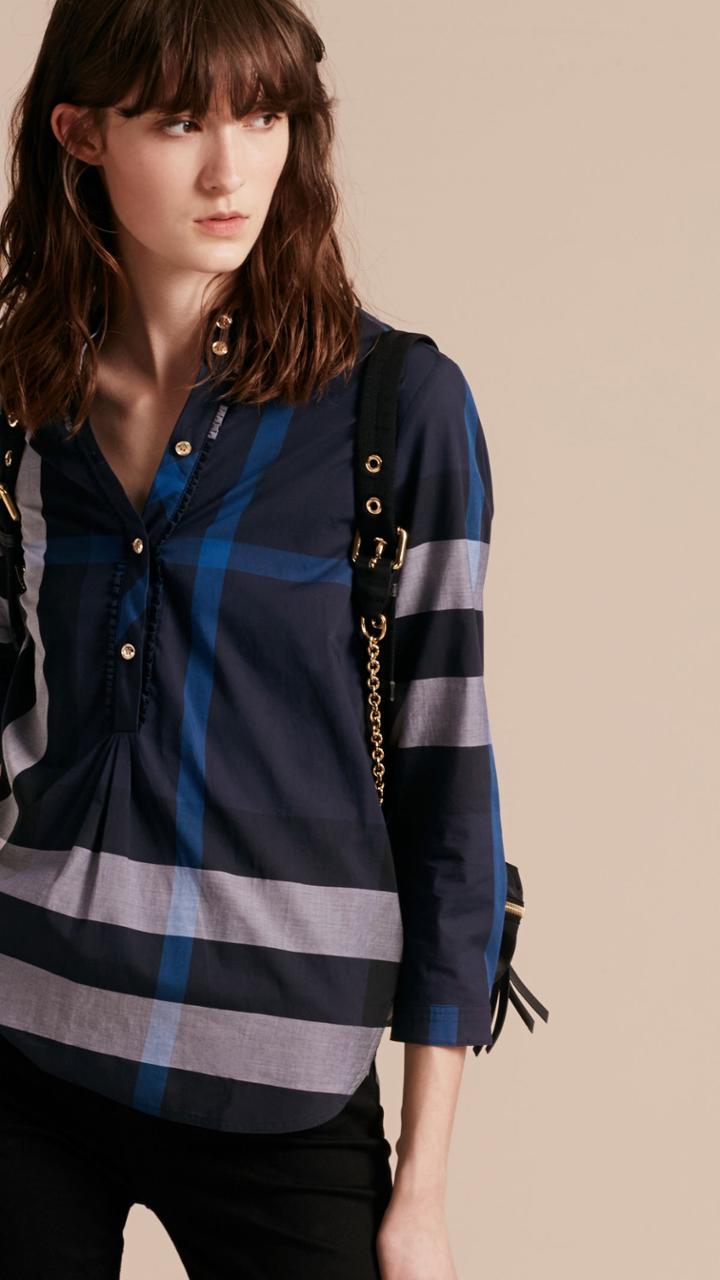 Burberry Burberry Check Cotton Tunic Shirt, Size: 04, Blue