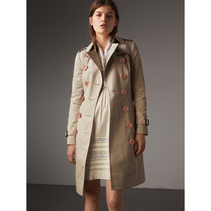 Burberry Burberry Resin Button Cotton Gabardine Trench Coat, Size: 08, Beige