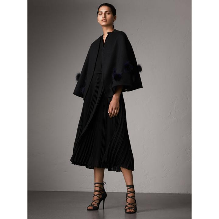 Burberry Burberry Fur Pom-pom Detail Double-faced Cashmere Wool Cape, Black