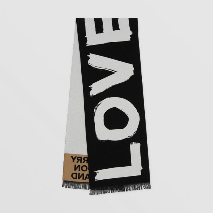 Burberry Burberry Love And Logo Wool Silk Jacquard Scarf, Black