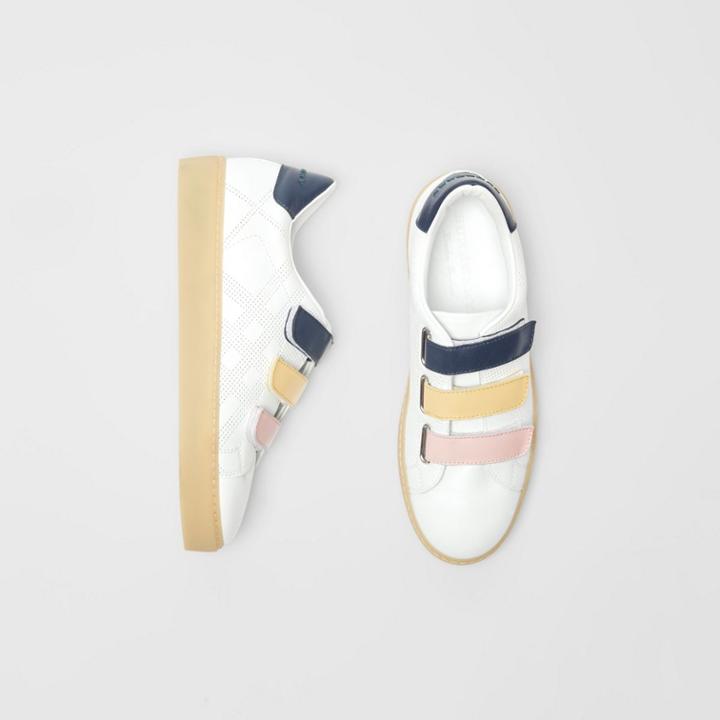 Burberry Burberry Tri-tone Strap Detail Perforated Check Leather Sneakers, Size: 35, White
