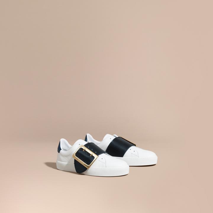 Burberry Burberry Buckle Detail Leather Trainers, Size: 35, Blue