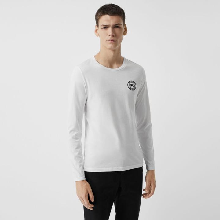Burberry Burberry Long Sleeve Embroidered Logo Cotton T-shirt, White