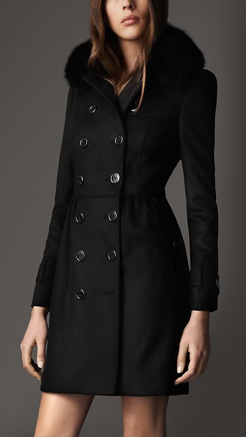 Burberry Long Fur Collar Trench Coat