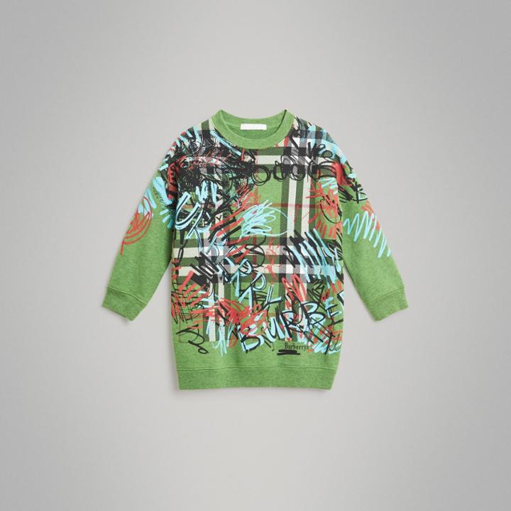 Burberry Burberry Graffiti Scribble Check Print Cotton Dress, Size: 6y, Green
