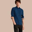 Burberry Burberry Check Detail Stretch Cotton Poplin Shirt, Size: Xs, Blue