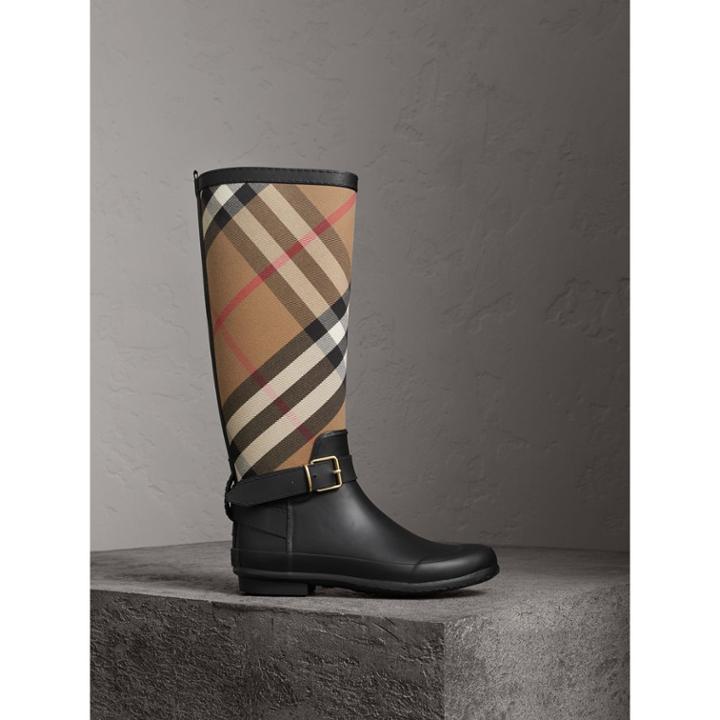 Burberry Burberry Belt Detail Check And Rubber Rain Boots, Size: 35, Black