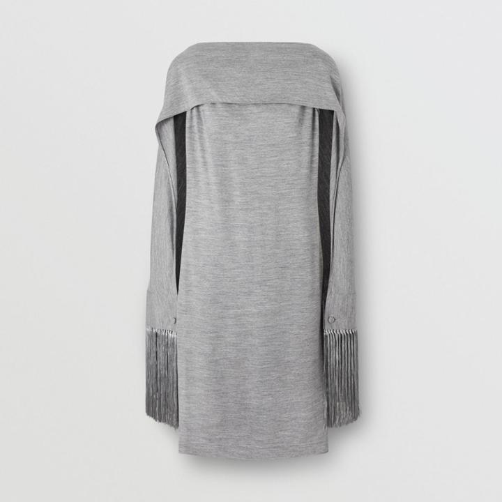 Burberry Burberry Merino Wool Sleeveless Dress With Fringed Capelet, Size: 02, Grey