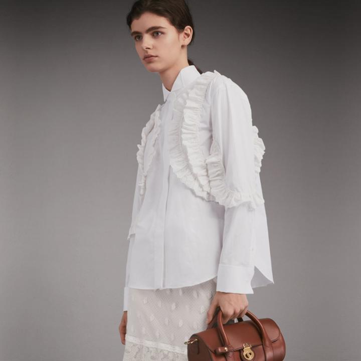 Burberry Burberry Broderie Anglaise Ruffle Stretch Cotton Shirt, Size: 14, White