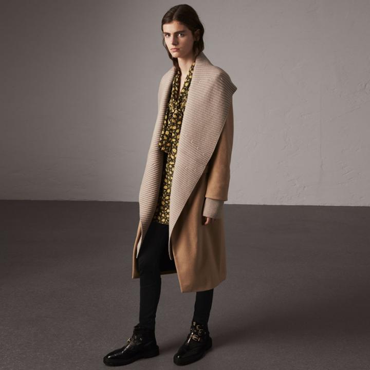 Burberry Burberry Detachable Rib Knit Collar Cashmere Coat, Size: 06, Brown
