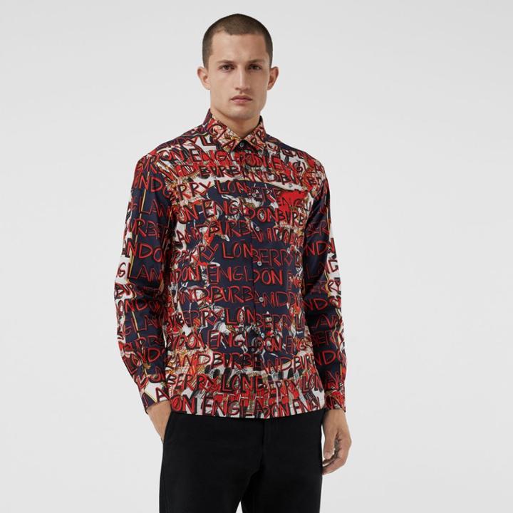 Burberry Burberry Graffiti Archive Scarf Print Cotton Shirt, Size: L, Blue