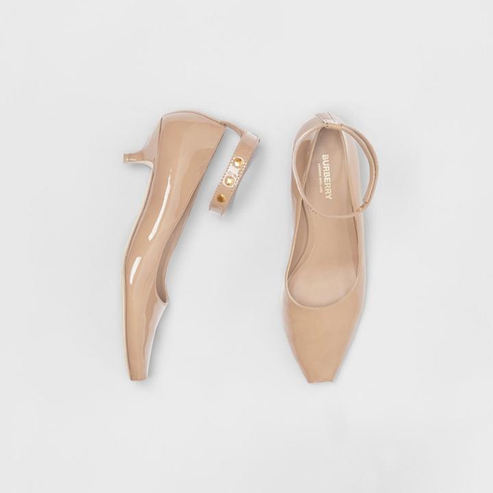 Burberry Burberry Patent Leather Peep-toe Kitten-heel Pumps, Size: 37.5, Beige