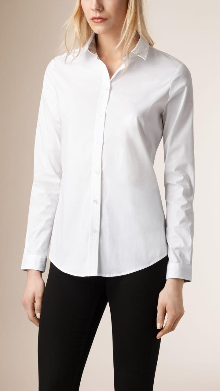 Burberry Burberry Check Cuff Stretch Cotton Shirt, White