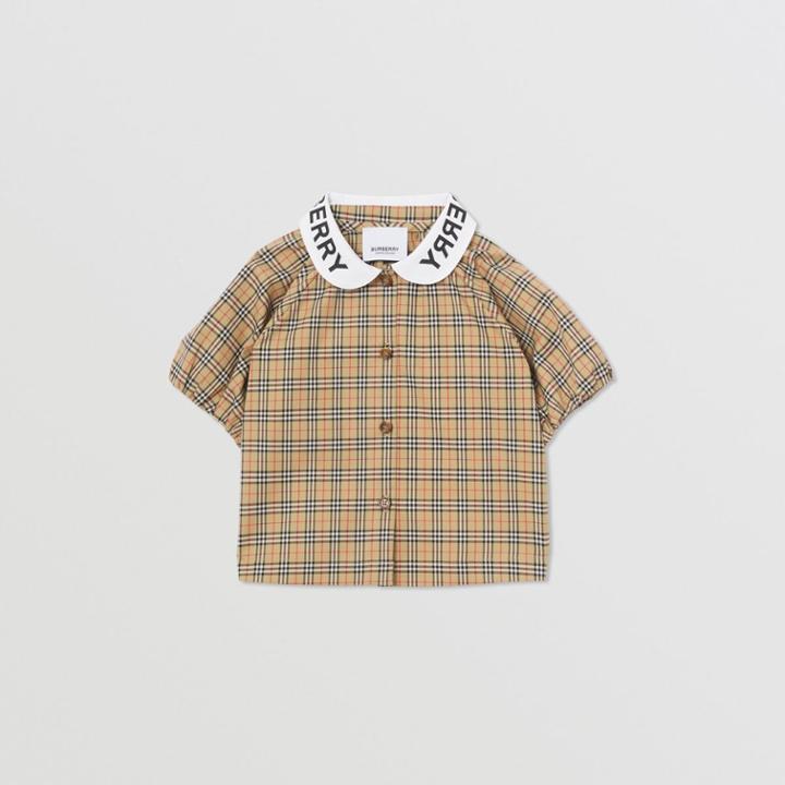 Burberry Burberry Childrens Logo Print Puff-sleeve Check Stretch Cotton Blouse, Size: 12m