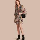 Burberry Floral Silk Dress With Gathered Sleeves