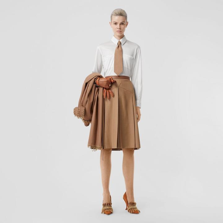 Burberry Burberry Lambskin Trim Box-pleated Wool Silk Skirt, Size: 00, Camel