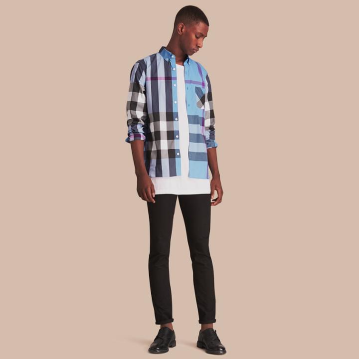 Burberry Burberry Button-down Collar Check Stretch Cotton Blend Shirt, Size: Xl, Blue
