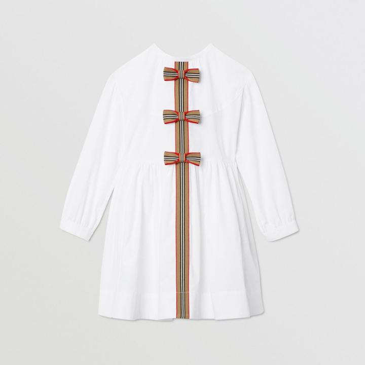 Burberry Burberry Childrens Icon Stripe Trim Stretch Cotton Poplin Dress, Size: 10y, White
