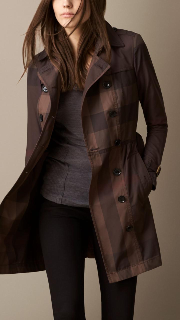 Burberry Burberry Mid-length Cotton Satin Check Trench Coat, Size: 02, Brown