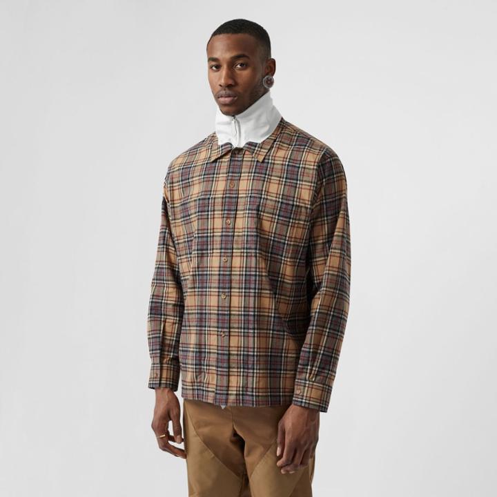 Burberry Burberry Track Top Detail Check Cotton Shirt, Camel