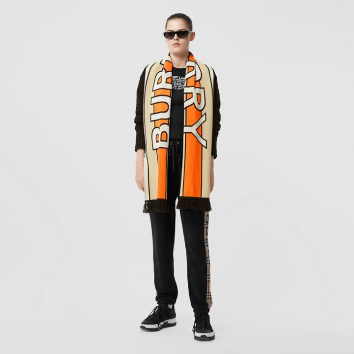 Burberry Burberry Logo Jacquard Scarf Detail Wool Cashmere Cardigan, Black