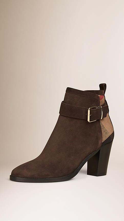 Burberry Belted Check And Suede Ankle Boots