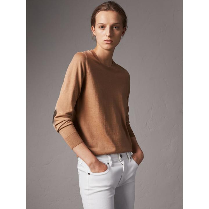 Burberry Burberry Check Detail Merino Wool Crew Neck Sweater, Brown