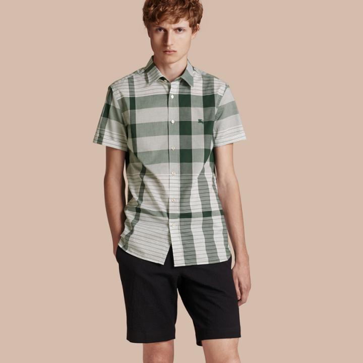 Burberry Burberry Short-sleeved Tonal Check Cotton Shirt, Green