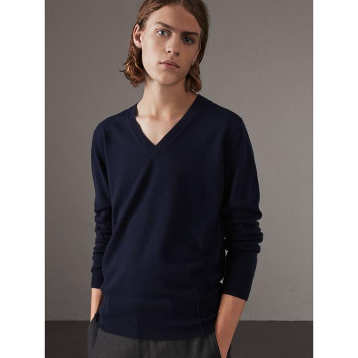 Burberry Burberry Check Detail Merino Wool V-neck Sweater