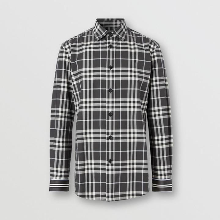 Burberry Burberry Stripe Cuff Check Cotton Shirt, Size: L, Brown