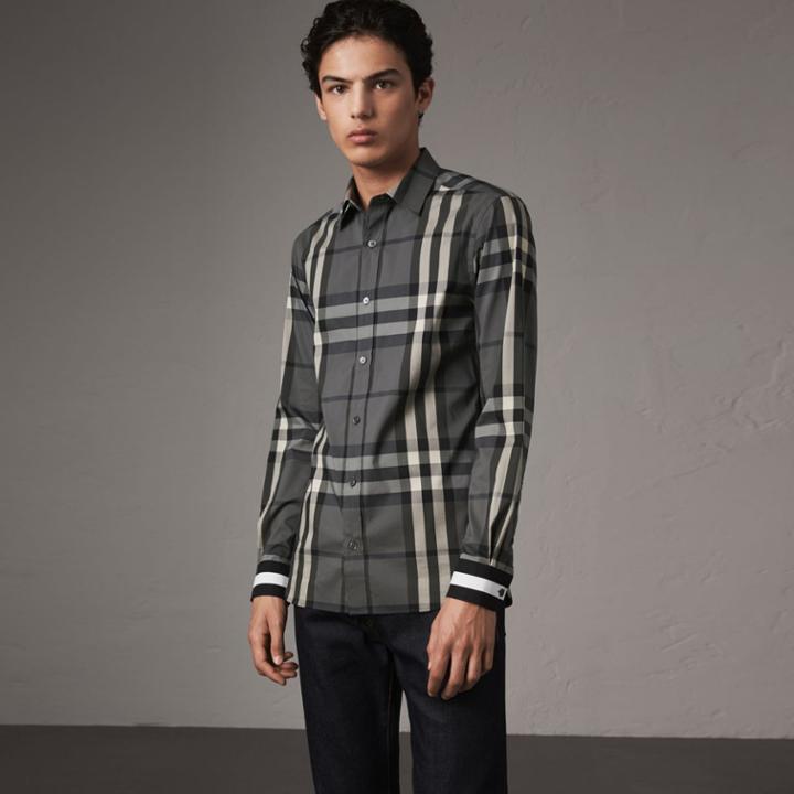 Burberry Burberry Striped Cuff Check Cotton Blend Shirt, Size: M, Grey