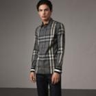 Burberry Burberry Striped Cuff Check Cotton Blend Shirt, Size: M, Grey