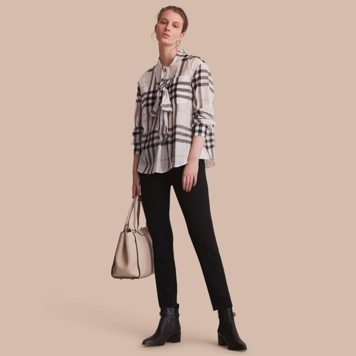 Burberry Burberry Check Tie Neck Cotton Shirt, Size: 06, White