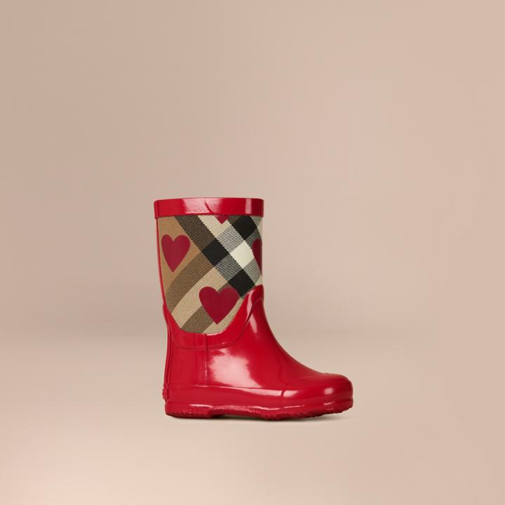 Burberry Burberry Heart Print House Check Rain Boots, Size: 9.5, Red