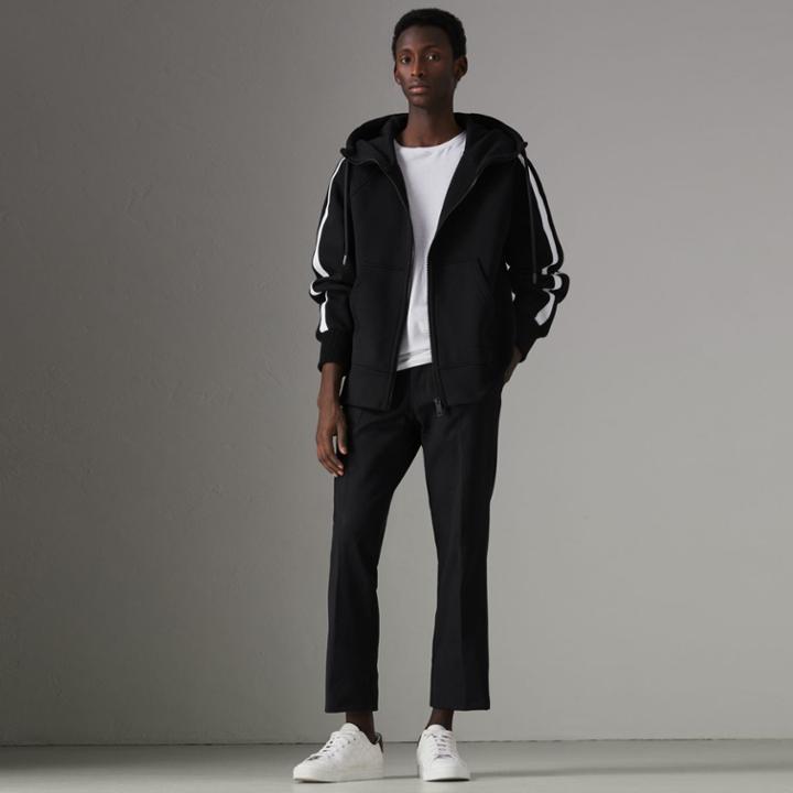 Burberry Burberry Stripe Detail Cotton Blend Jersey Hooded Top, Size: M, Black
