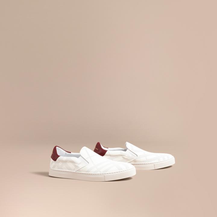 Burberry Burberry Perforated Check Leather Slip-on Trainers, Size: 41.5, White