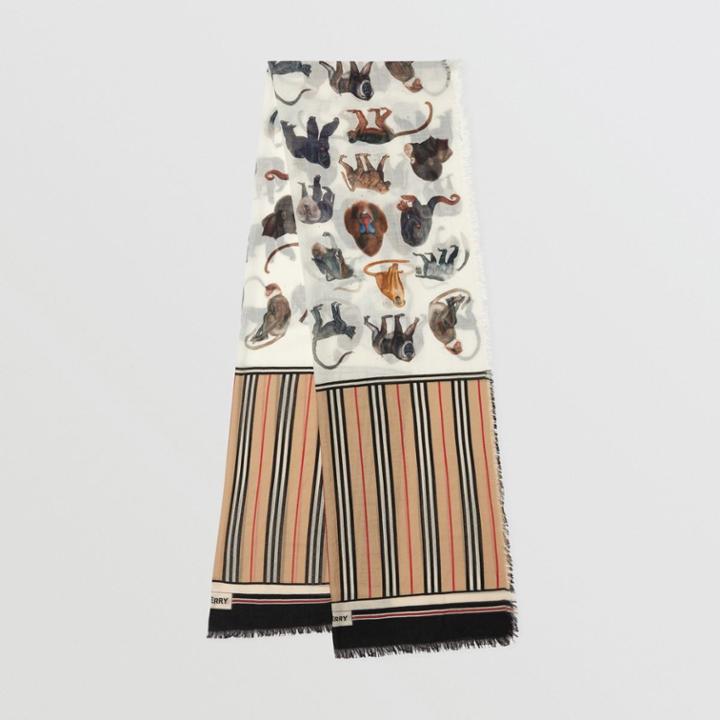 Burberry Burberry Icon Stripe And Monkey Print Wool Silk Scarf, Beige