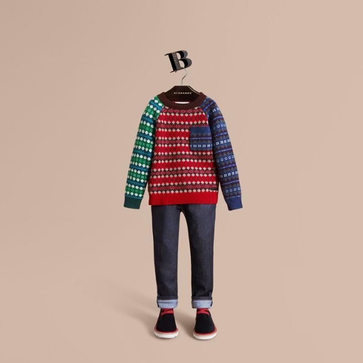 Burberry Burberry Colour Block Fair Isle Wool Cashmere Sweater, Size: 14y, Brown