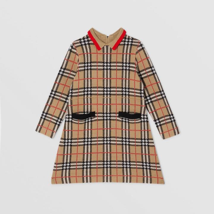Burberry Burberry Childrens Long-sleeve Check Merino Wool Jacquard Dress, Size: 12y, Beige