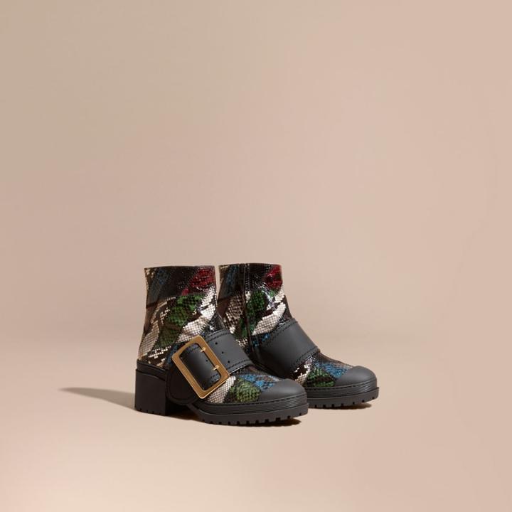Burberry Burberry The Buckle Boot In Snakeskin And Rubberised Leather, Size: 40, Black