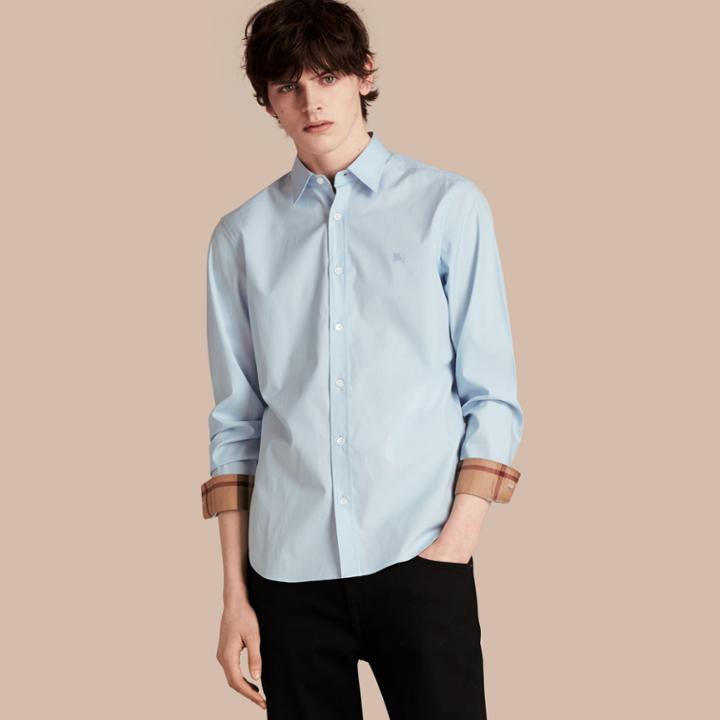 Burberry Burberry Check Detail Stretch Cotton Poplin Shirt, Blue
