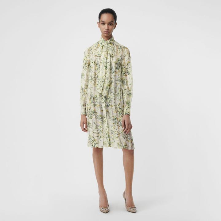 Burberry Burberry Floral Print Organza Tie-neck Shirt Dress, Size: 00, Green