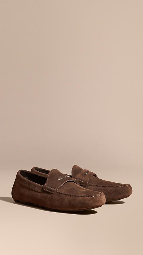 Burberry Suede Loafers With Engraved Check Detail