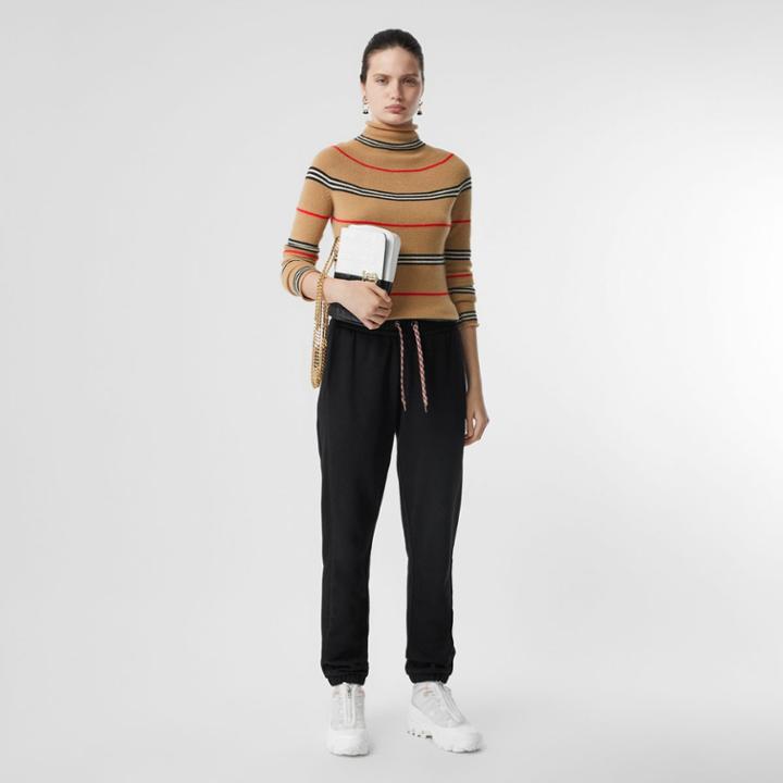 Burberry Burberry Icon Stripe Cashmere Turtleneck Sweater, Beige