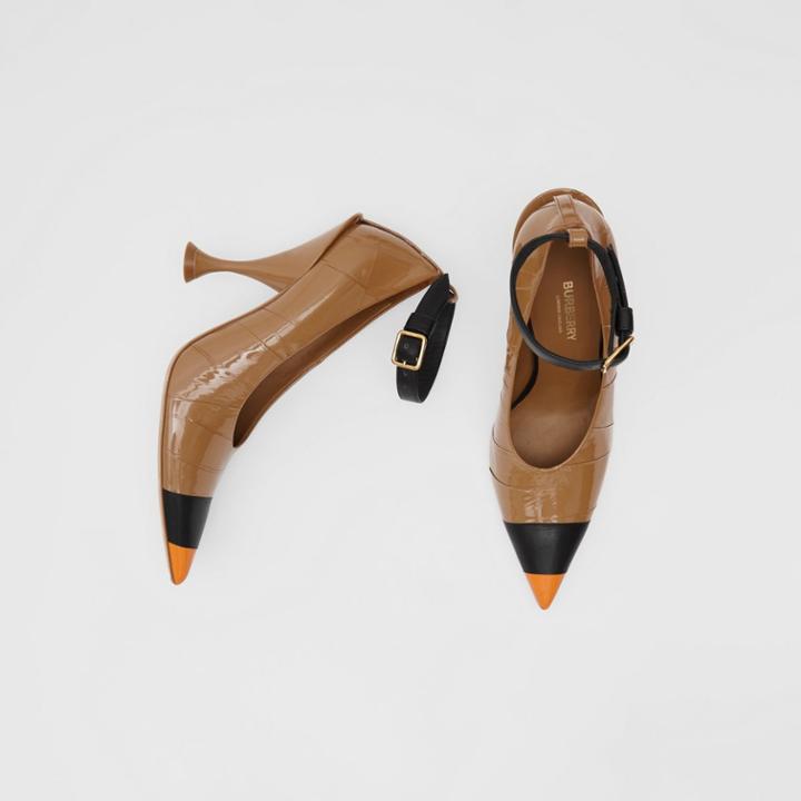 Burberry Burberry Tape Detail Leather Point-toe Pumps, Size: 36, Brown / Black