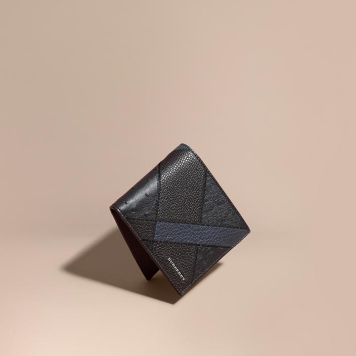 Burberry Burberry Ostrich Leather Patchwork Folding Wallet, Blue